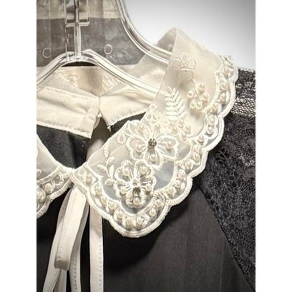 ASOS Black Chiffon Swing Dress Lace Sleeves Embellished Peter Pan Collar Sz 6 - Picture 5 of 6